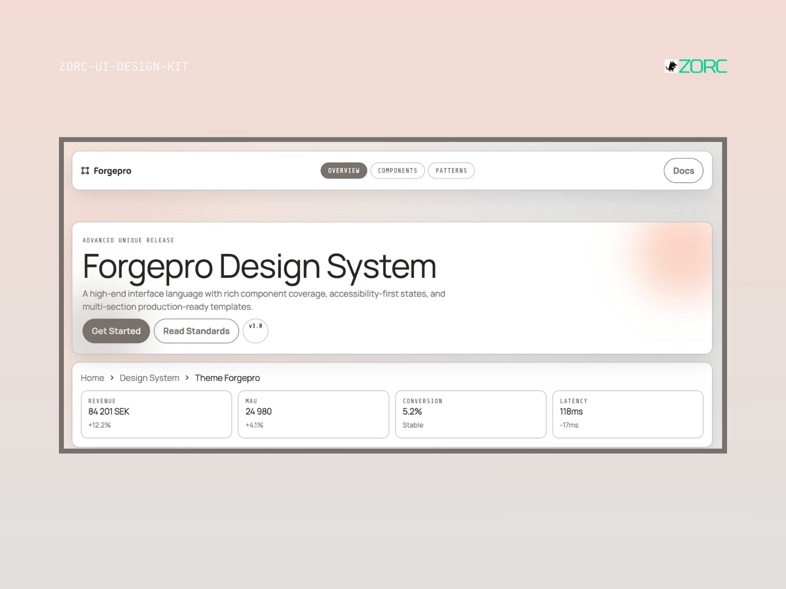 Forgepro Design System från ZORC med statistik och beskrivning av användarvänlighet och designkomponenter