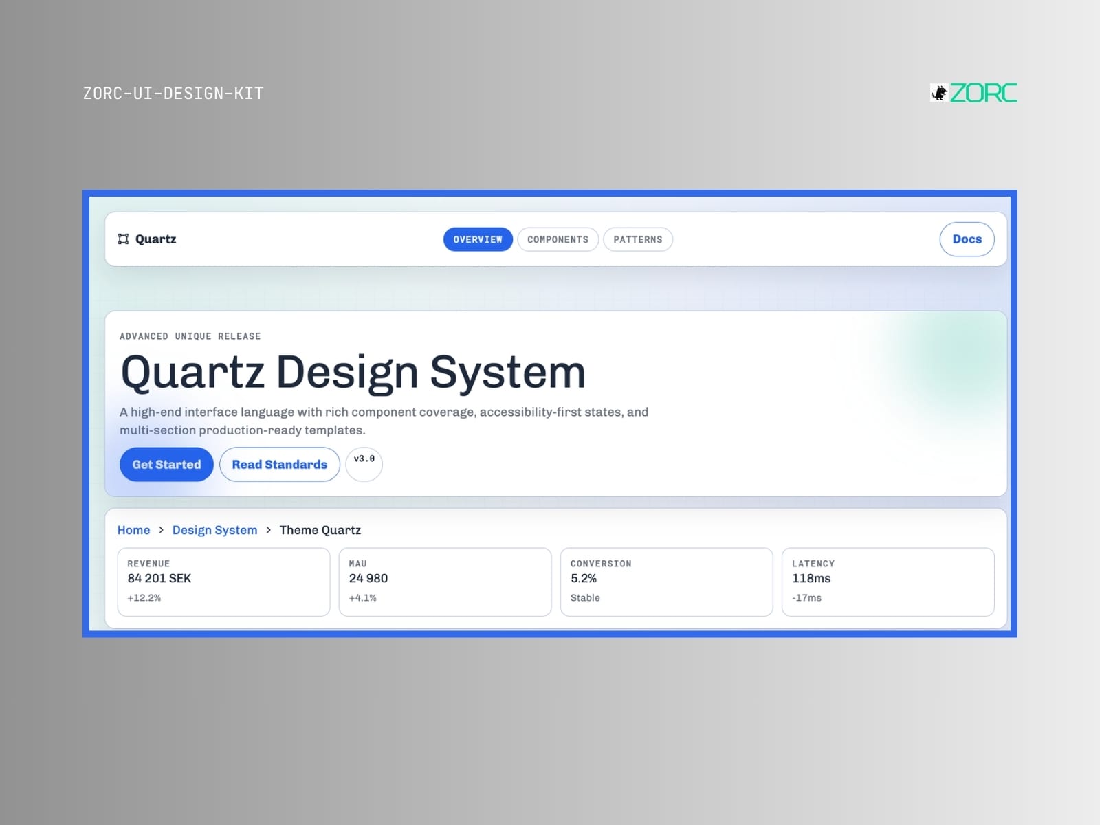 Quartz Design System från ZORC med statistik och funktioner för webbutveckling och design