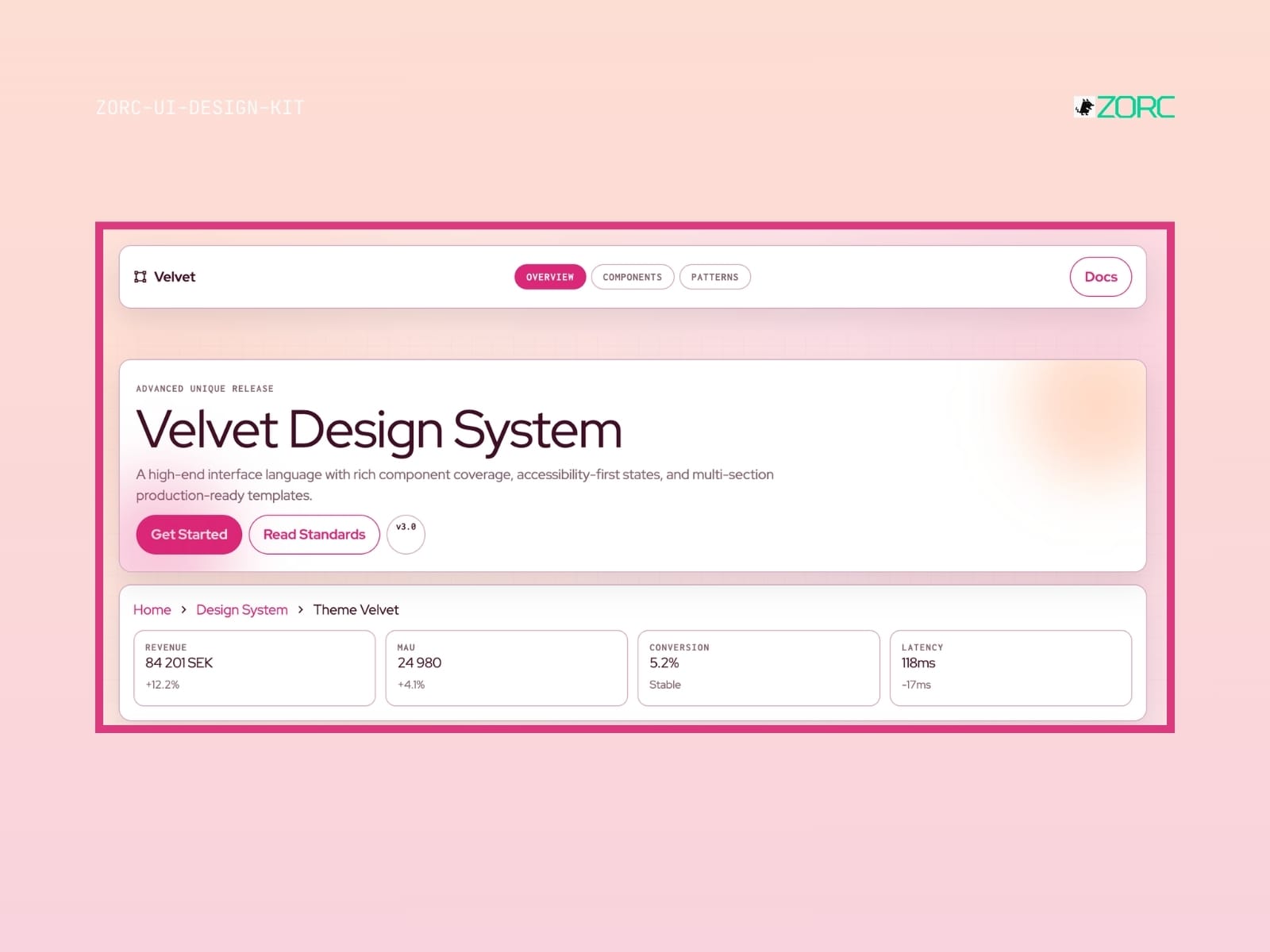 Velvet Design System för webbutveckling med komponenter, tillgänglighetsstandarder och produktionstemplater från ZORC