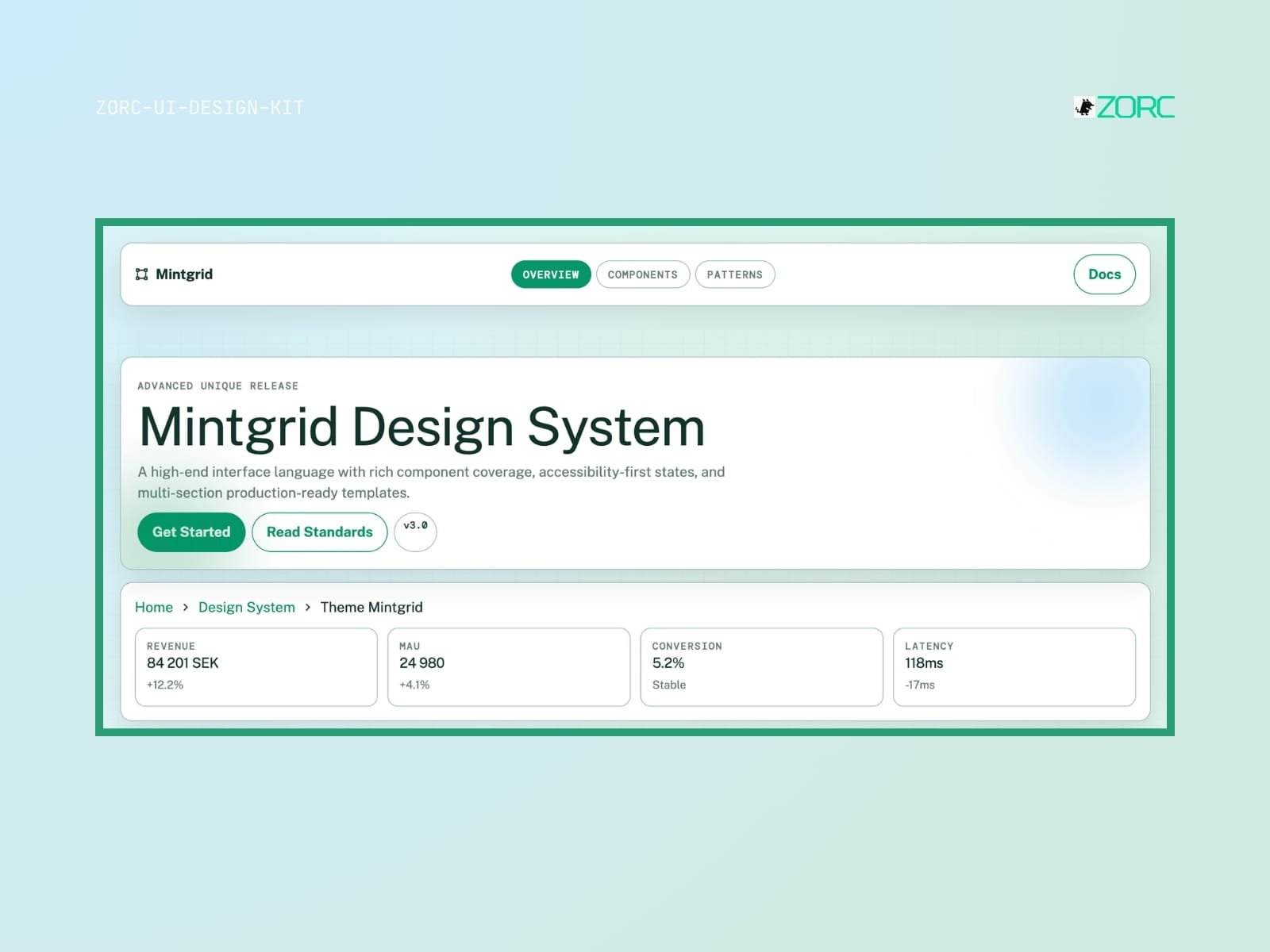 Mintgrid Design System from ZORC with information about components, standards and statistics for web development and design