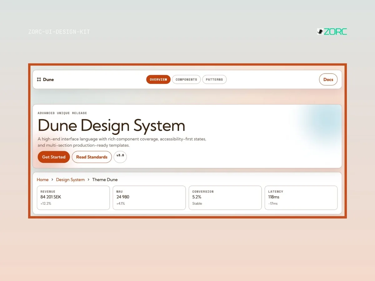 Dune Design System from ZORC with components, statistics and templates for web development and design