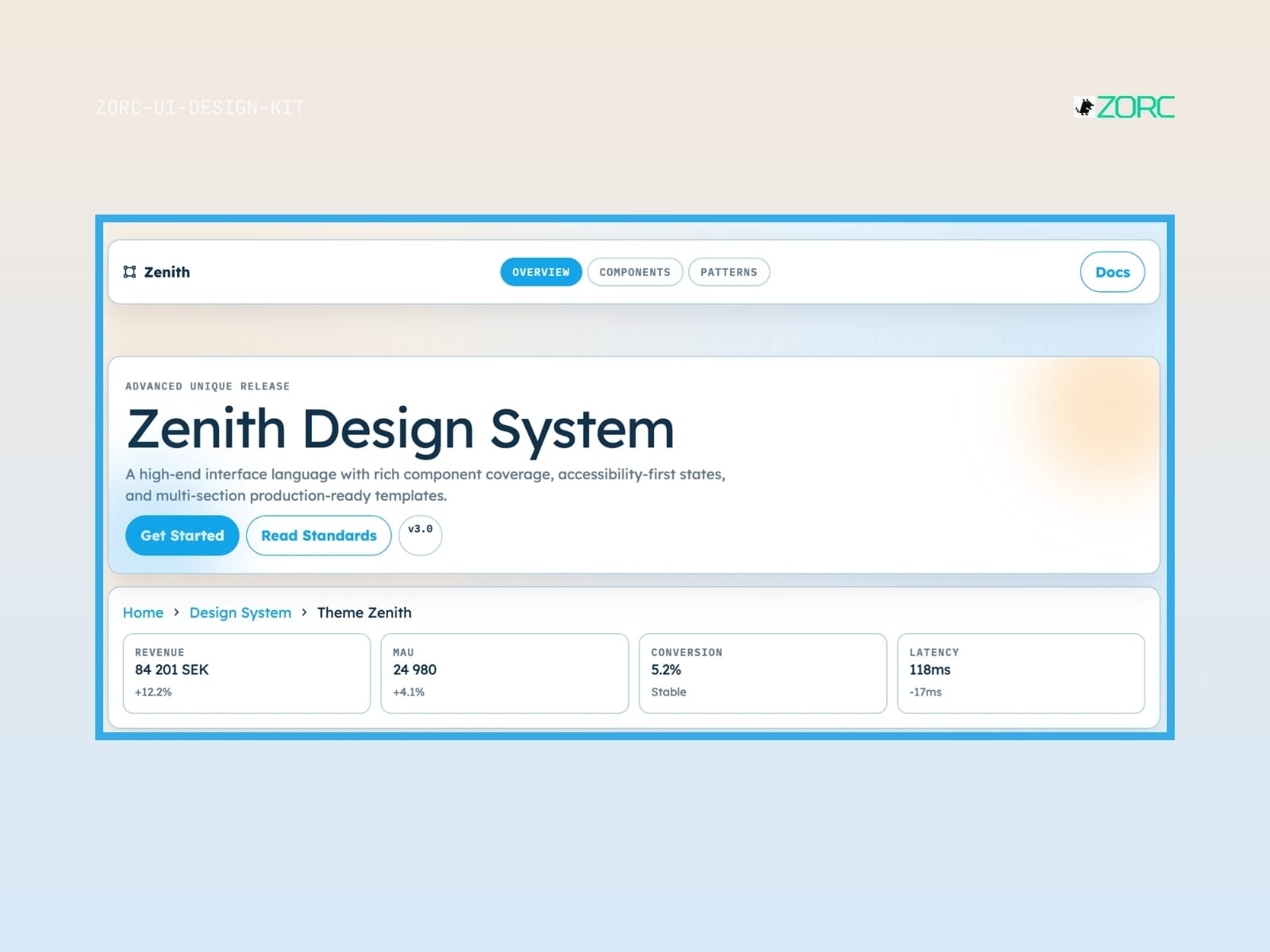Zenith Design System offers an advanced user interface solution with components and production-ready templates for web development and design within ZORC