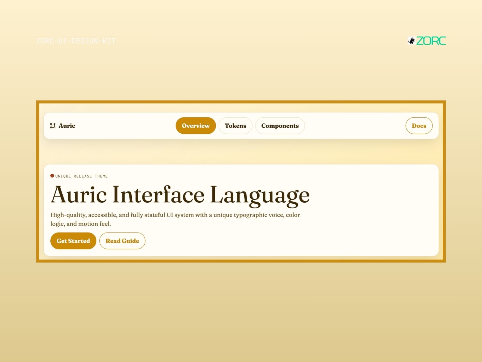 Auric Interface Language visar en modern UI-design med knappar och texter fokuserade på webbutveckling och design hos ZORC