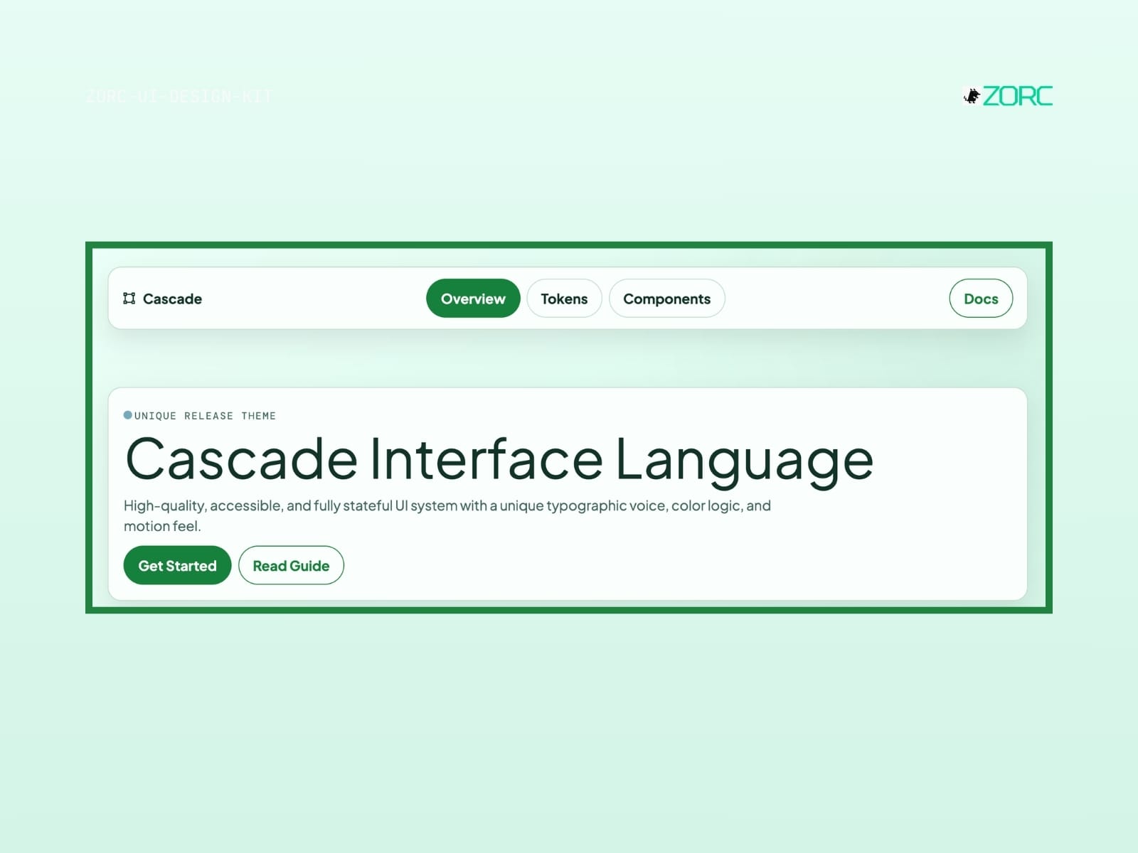 Cascade Interface Language in ZORC's design kit with high-quality UI components and typographic elements