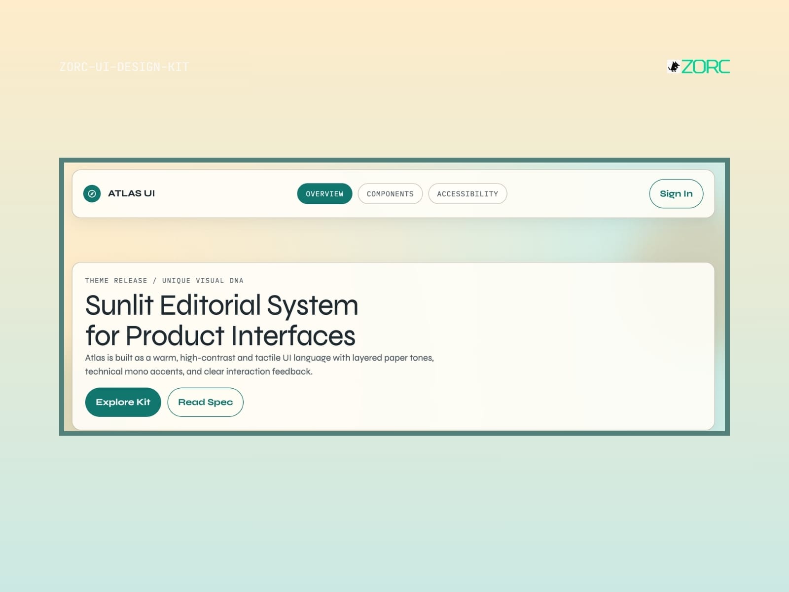 UI design for Sunlit Editorial System, part of ZORC's design kit for web development with a focus on high contrast and ease of use
